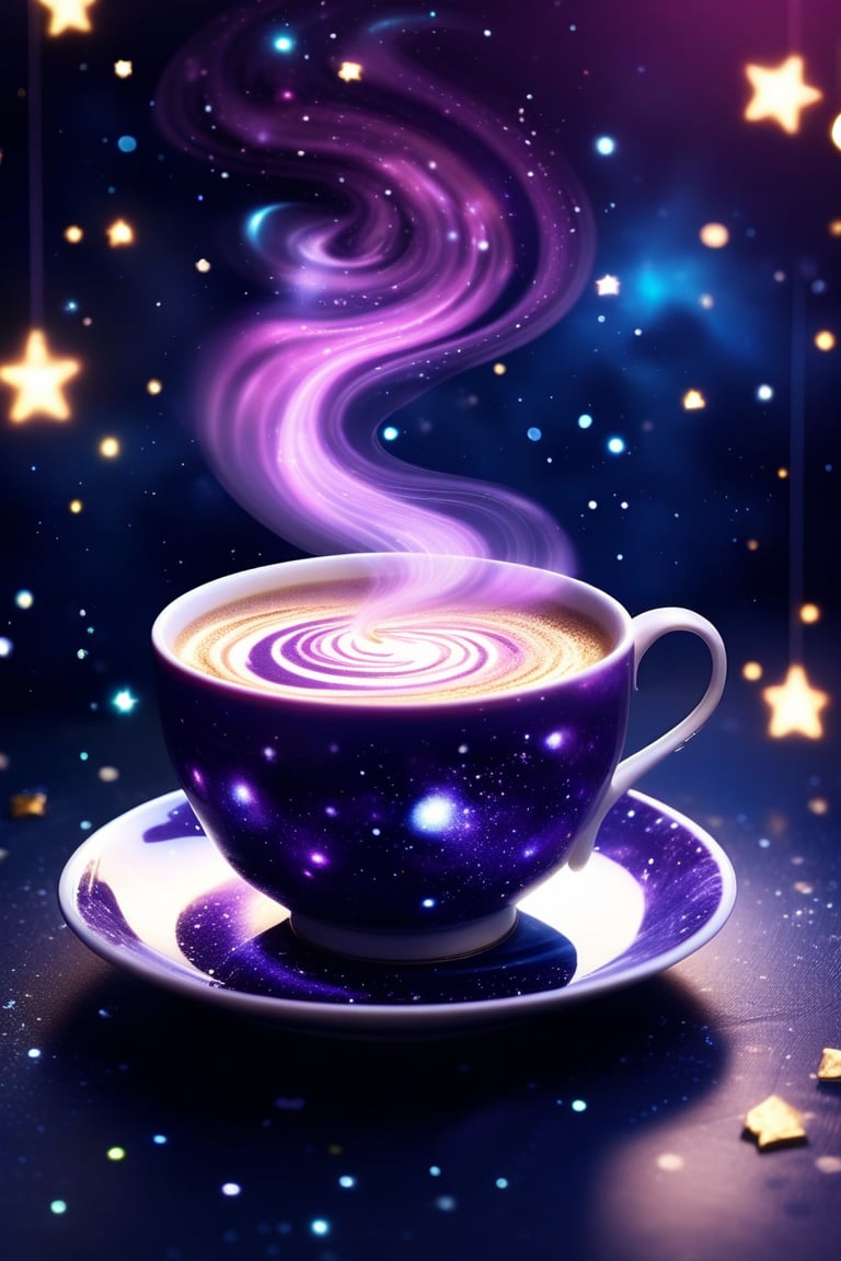 enchanting scene, a steaming cup of coffee, the liquid within the cup forms a swirling cosmic galaxy, The coffee surface is a mesmerizing mix of deep purples and blues and pinks dotted with stars and nebulae, fit the vastness of space inside the cup, The cup rests on a saucer that reflects the celestial patterns, surrounded by tiny star-shaped cookies and cosmic-themed decorations, The atmosphere is magical and dreamy,