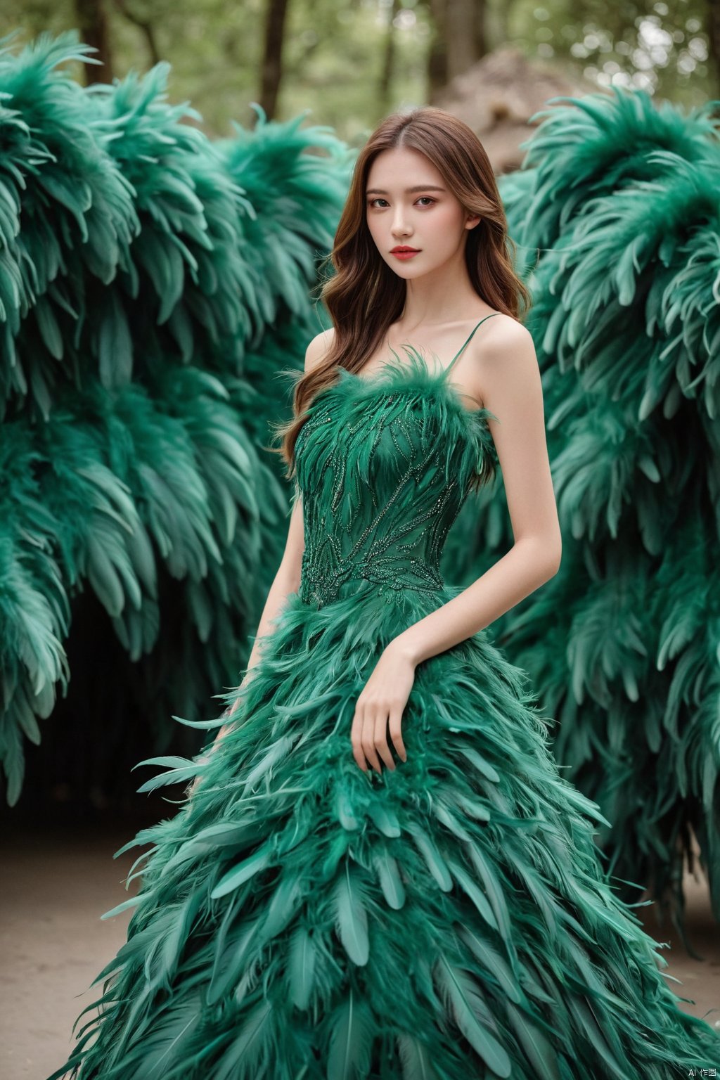 1girl,a gorgeous long dress made of feathers,green feather,huge feathers,complex background,beautiful background,(feathers everywhere:1.3),depth of field level, hubg_beauty_girl