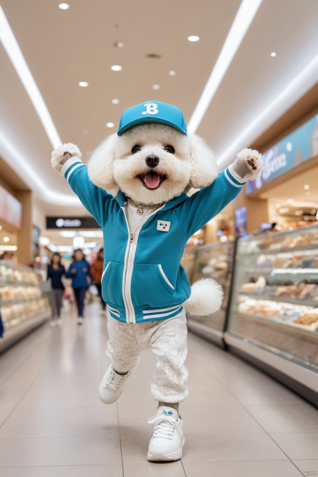 (chibi:1.5), a cute little Bichon Frise (anthropomorphic) wearing stylish clothes ( clothe and hat, athleisure pants,white shoes) runing in a shopping mall, facing the camera and smiling, Happy bouncing,outstretched arms, hyperdetailed intricately detailed, fantastical, intricate detail, complementary colours, fantasy, concept art, 8k resolution,