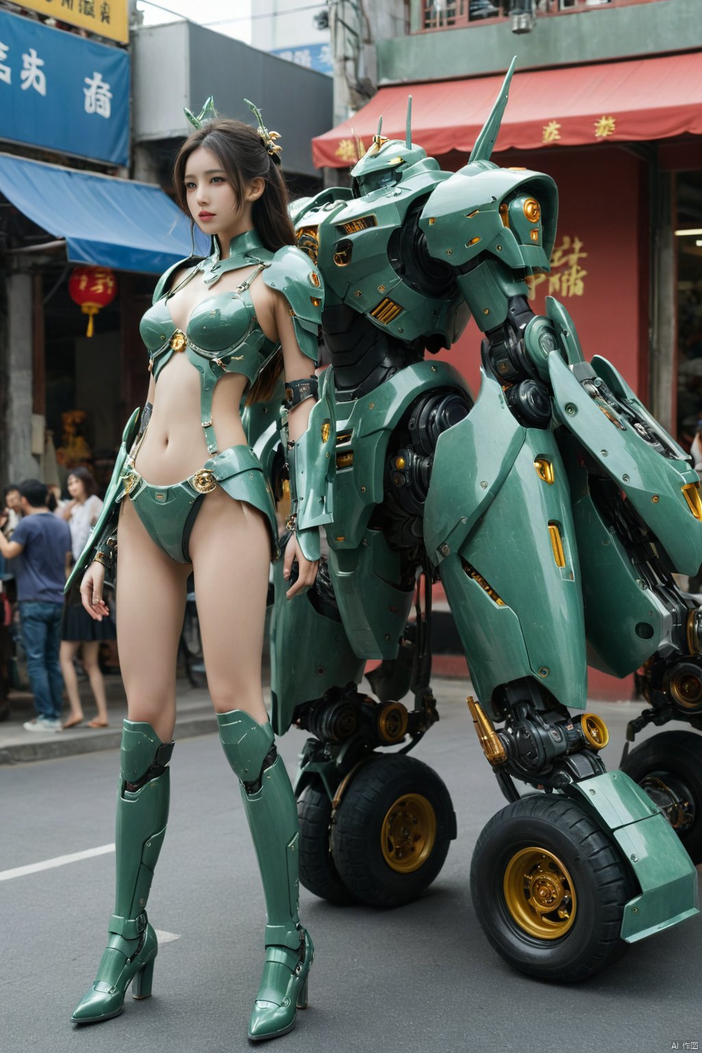 HUBG_Chinese_Jade,wide shot, ultra highres, masterpiece, best quality, , car, from side, HUBG_Mecha_Armor,hubg\(mecha_girl)\