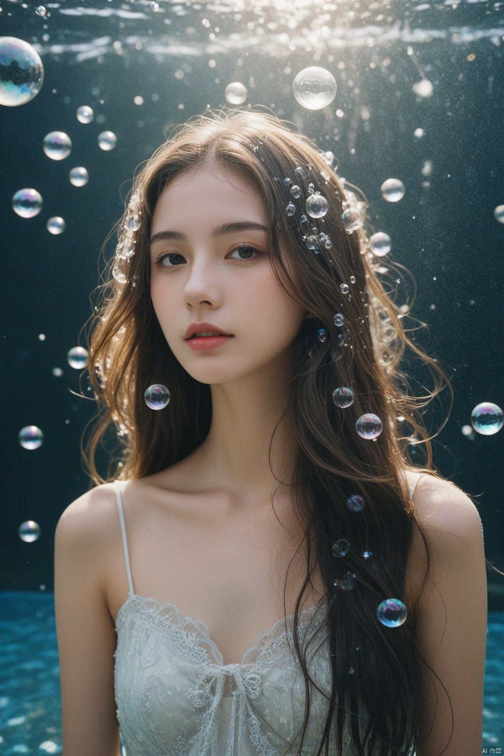 (ultra realistic,best quality),photorealistic portrait of 26yo hubggirl,She is stylish and glamorous with her long hair and delicate features,surrounded by surreal floating water bubbles,splash detailed,surreal dramatic lighting shadow (lofi, analog),kodak film,moment eyes,beautiful face,sexy girl,full_body,