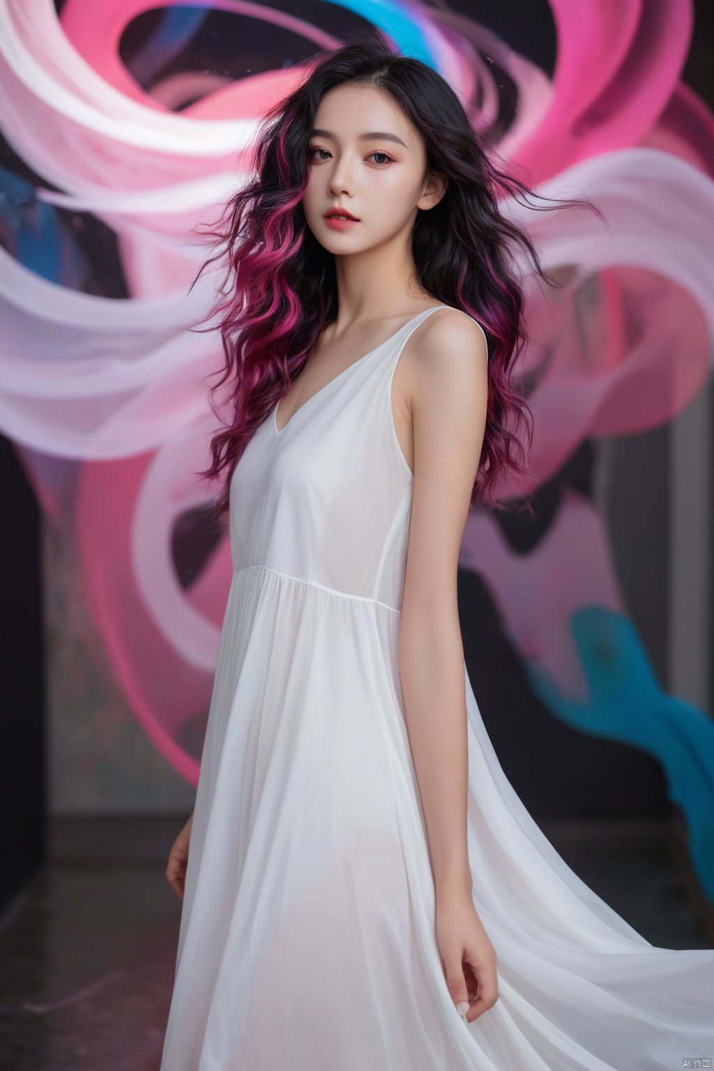 photorealistic,portrait of hubggirl, hubggirl, girl in a fluid and dynamic pose, wearing a loose, flowing white dress, mysterious expression, curly black and pink hair,hubg_jsnh, night, in a modern and abstract setting, with bold and colorful abstract art, blurred background, bright lighting, official art, uniform 8k wallpaper,(Feathers everywhere :1.3), depth of field level,