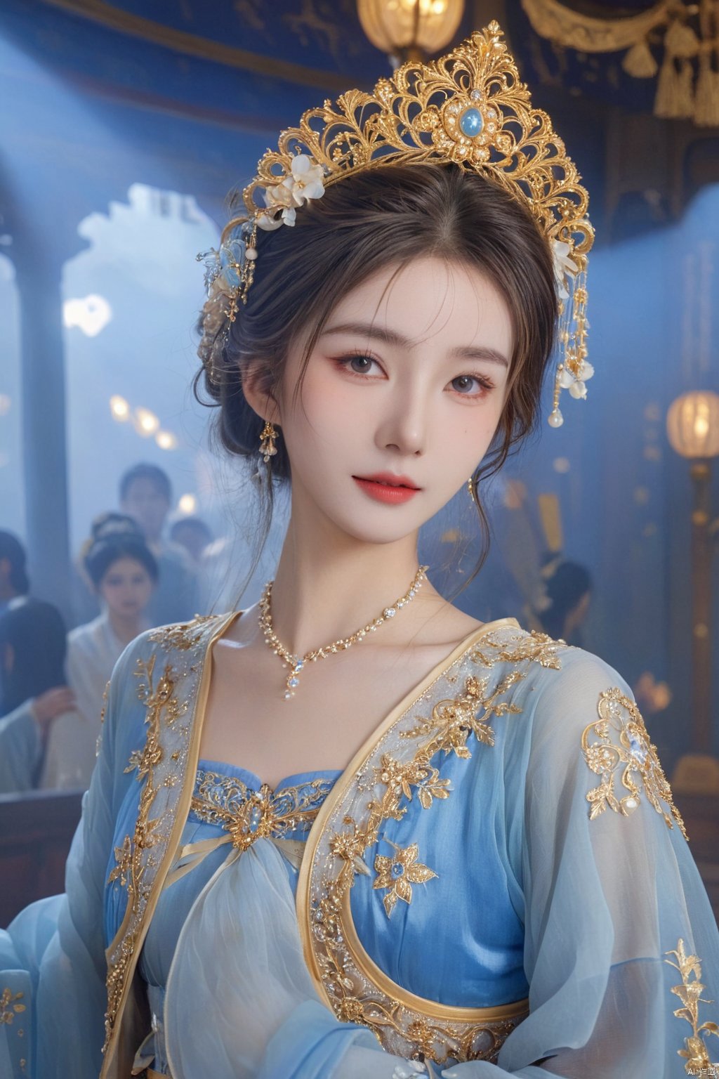 HUBG_Rococo_Style(loanword), 1girl, hanfu, Portrait of noble and graceful goddess, dressed in blue and gold, elaborate coiffure hairstyle, dark hair, decoration, 16K, UHD, HDR, Brilliant scene with bright lights, mist, numerous decorations, joyful atmosphere, light smile,HDR, IMAX, 8K resolutions, ultra resolutions, magnificent, best quality, masterpiece,cinematic scenes, cinematic shots, cinematic lighting, volumetric lighting, ultra-detailed, hubg_beauty_girl