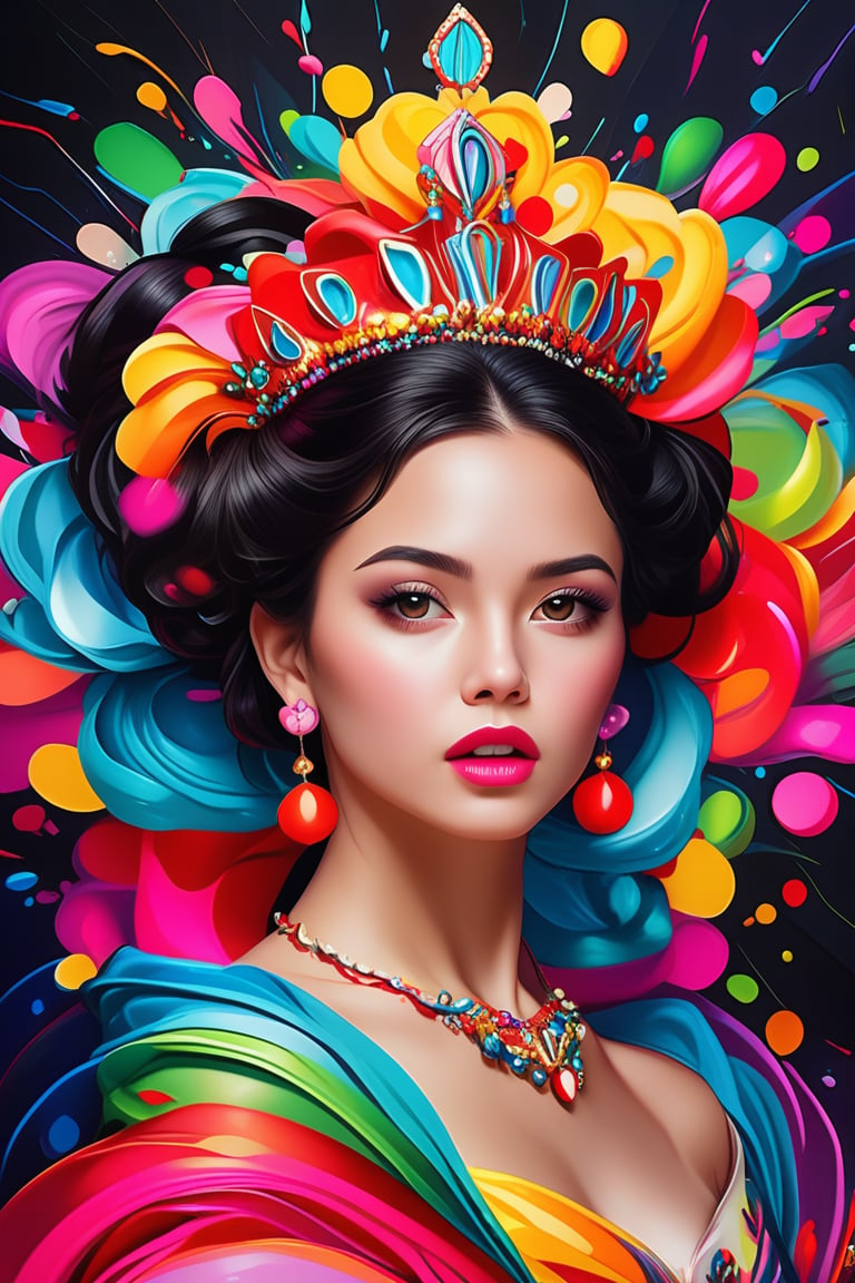 best quality, 4K, 8K, high-resolution, masterpiece, ultra-detailed, photorealistic,  a painting of a woman in a colorful dress with a crown on her head and bright colors around her, 1girl, looking at viewer, black hair, hair ornament, jewelry, brown eyes, upper body, earrings, hair bun, lips, makeup, portrait, crown, gem, lipstick, eyeshadow, high collar, realistic, red lips, colorful