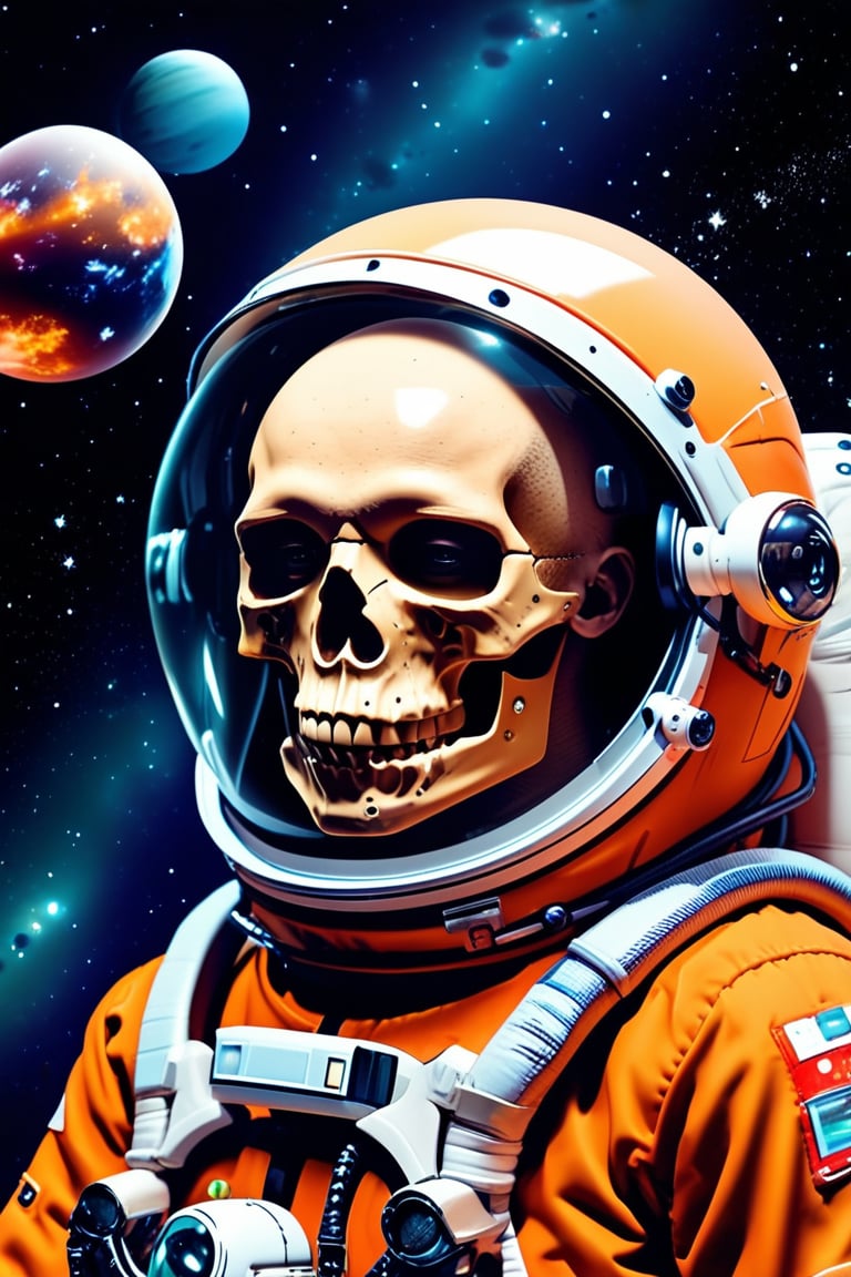 best quality, 4K, 8K, high-resolution, masterpiece, ultra-detailed, photorealistic,  an astronaut wearing an orange space suit with a skull on his head in front of a background of stars, upper body, male focus, helmet, 1other, star (sky), science fiction, bubble, skull, realistic, space, planet, spacesuit, space helmet, astronaut