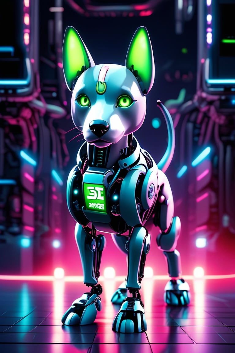 best quality, 4K, 8K, high-resolution, masterpiece, ultra-detailed, photorealistic,  a robot dog with glowing eyes standing in front of a dark background, with the words "robot" and "dog" written on it, standing, green eyes, full body, collar, no humans, animal, robot, science fiction, robot joints, non-humanoid robot