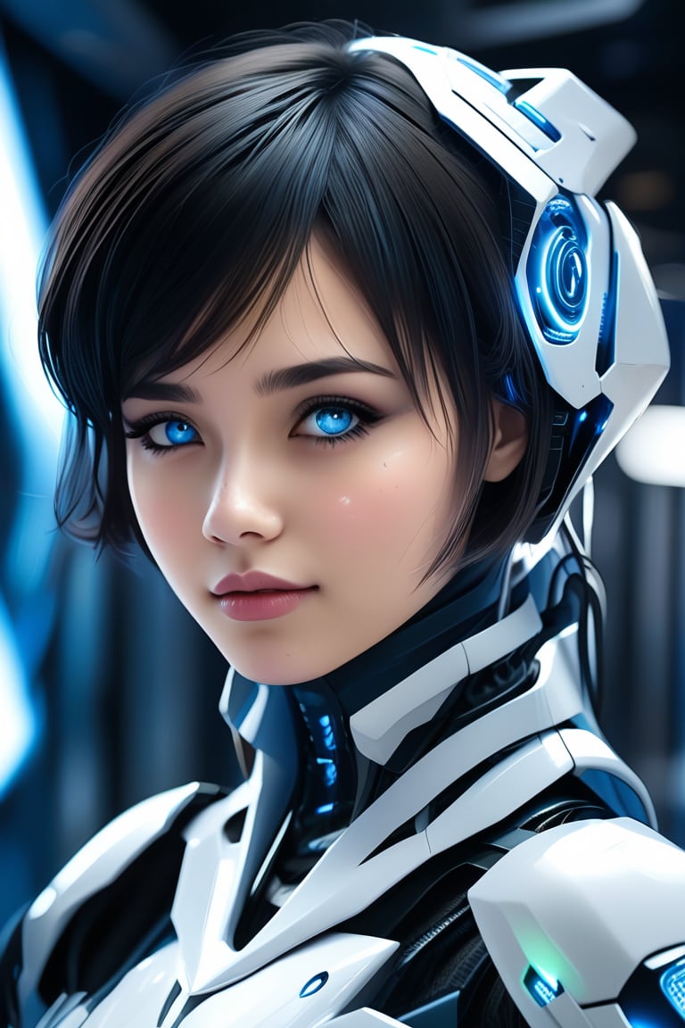 best quality, 4K, 8K, high-resolution, masterpiece, ultra-detailed, photorealistic,  an image of a woman in a futuristic suit with her head turned to the side and her eyes closed, 1girl, looking at viewer, short hair, blue eyes, black hair, parted lips, blurry, lips, glowing, portrait, science fiction, realistic, android, cable, cyborg, robot joints, mechanical parts, cyberpunk