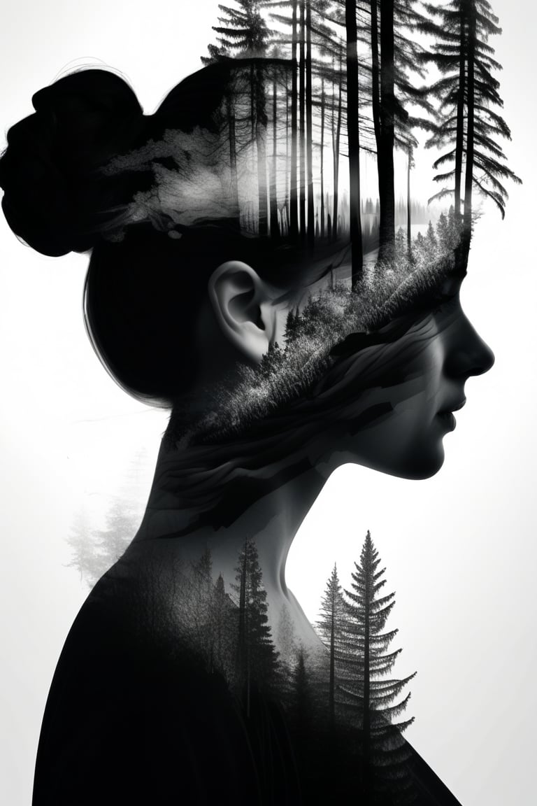 best quality, 4K, 8K, high-resolution, masterpiece, ultra-detailed, photorealistic,  a double exposure image of a woman's face with trees in the background and a forest in the foreground, 1girl, monochrome, greyscale, hair bun, tree, crown, realistic