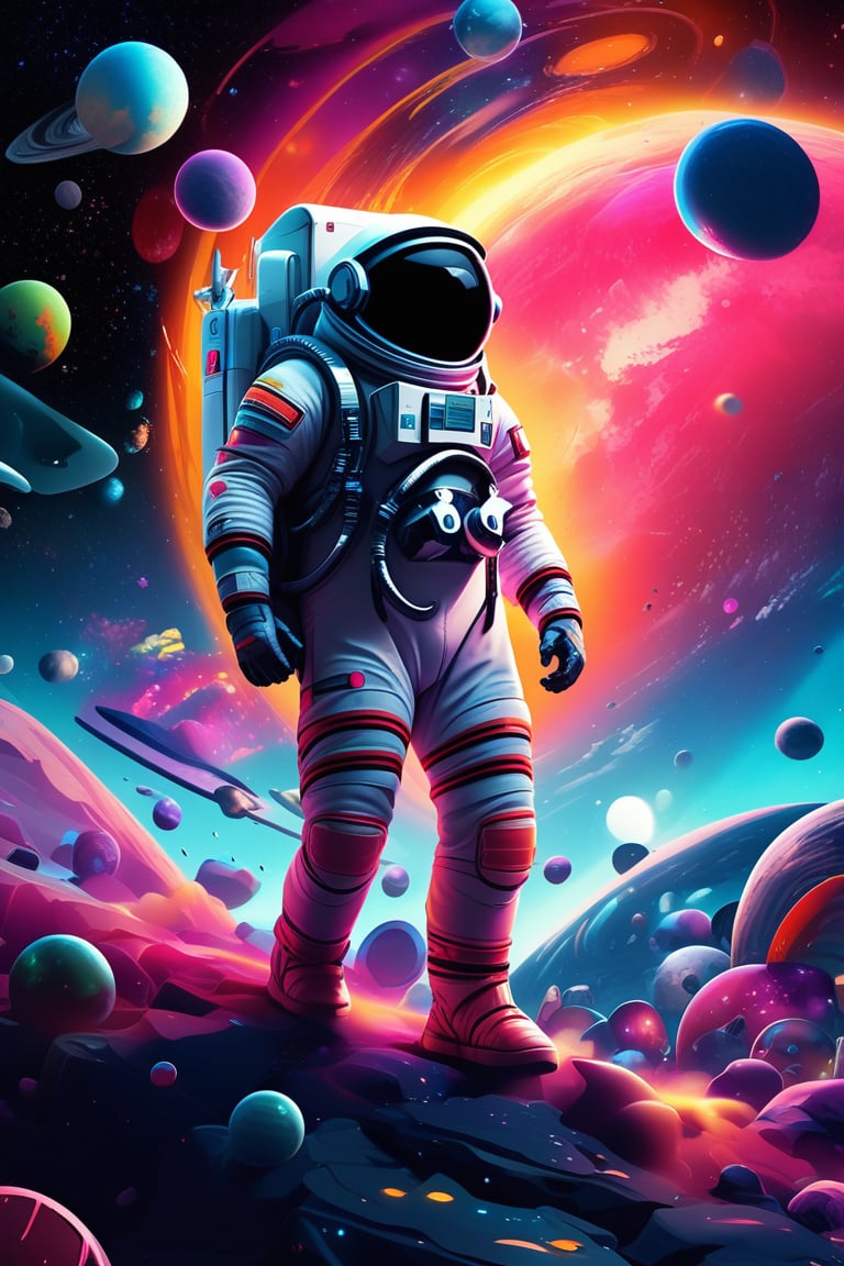 best quality, 4K, 8K, high-resolution, masterpiece, ultra-detailed, photorealistic,  an astronaut standing on the surface of an alien planet, surrounded by colorful planets and other space related objects, gloves, standing, full body, sky, black gloves, bag, backpack, helmet, 1other, star (sky), floating, starry sky, space, planet, ambiguous gender, spacesuit, space helmet, astronaut