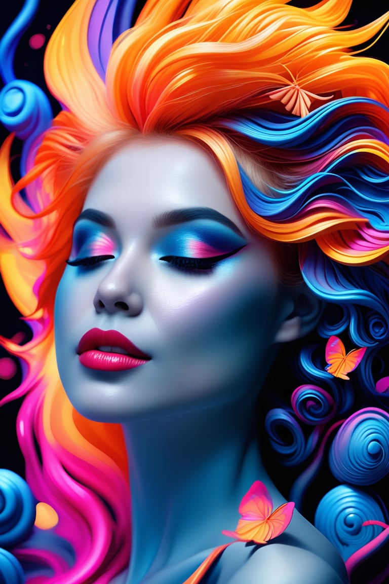 best quality, 4K, 8K, high-resolution, masterpiece, ultra-detailed, photorealistic,  a woman with blue and orange hair is posing in front of a blue, orange and pink swirls, 1girl, closed eyes, orange hair, lips, makeup, colored skin, bird, black background, eyeshadow, blue skin, fiery hair