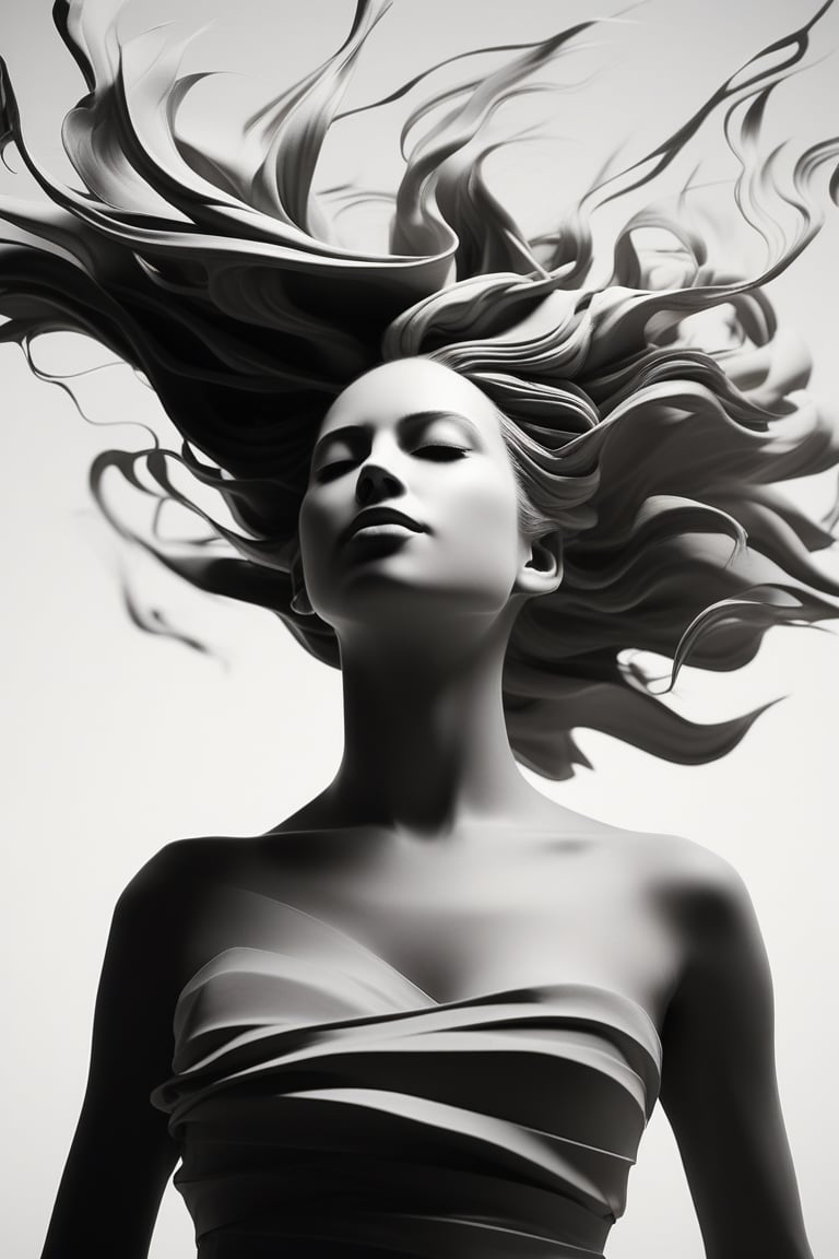 best quality, 4K, 8K, high-resolution, masterpiece, ultra-detailed, photorealistic,  a sculpture of a woman with sand coming out of the top of her head and hair blowing in the wind, 1girl, closed mouth, upper body, closed eyes, monochrome