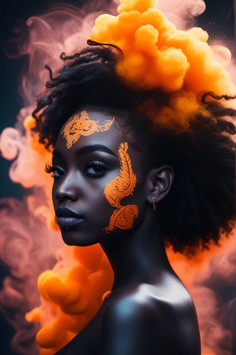 best quality, 4K, 8K, high-resolution, masterpiece, ultra-detailed, photorealistic,  an image of a woman with orange paint on her face and smoke coming out of the back of her head, 1girl, looking at viewer, jewelry, earrings, colored skin, portrait, facepaint, afro