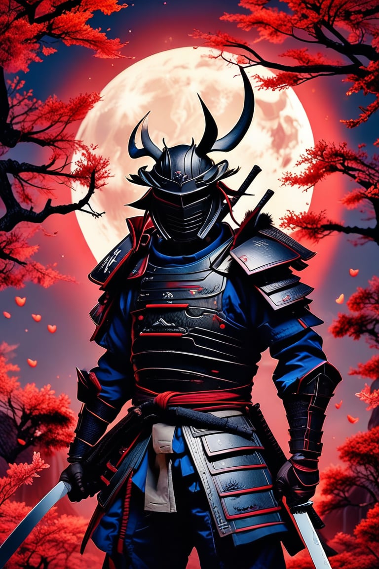 best quality, 4K, 8K, high-resolution, masterpiece, ultra-detailed, photorealistic,  a samurai in armor standing in the middle of a red sky with trees in the background and red flowers, 1boy, gloves, male focus, weapon, outdoors, horns, sky, sword, armor, tree, night, helmet, katana, shoulder armor, star (sky), night sky, sheath, starry sky, sheathed, fake horns, japanese armor, ambiguous gender, sode, kote, samurai, horned helmet, kusazuri, kabuto (helmet)