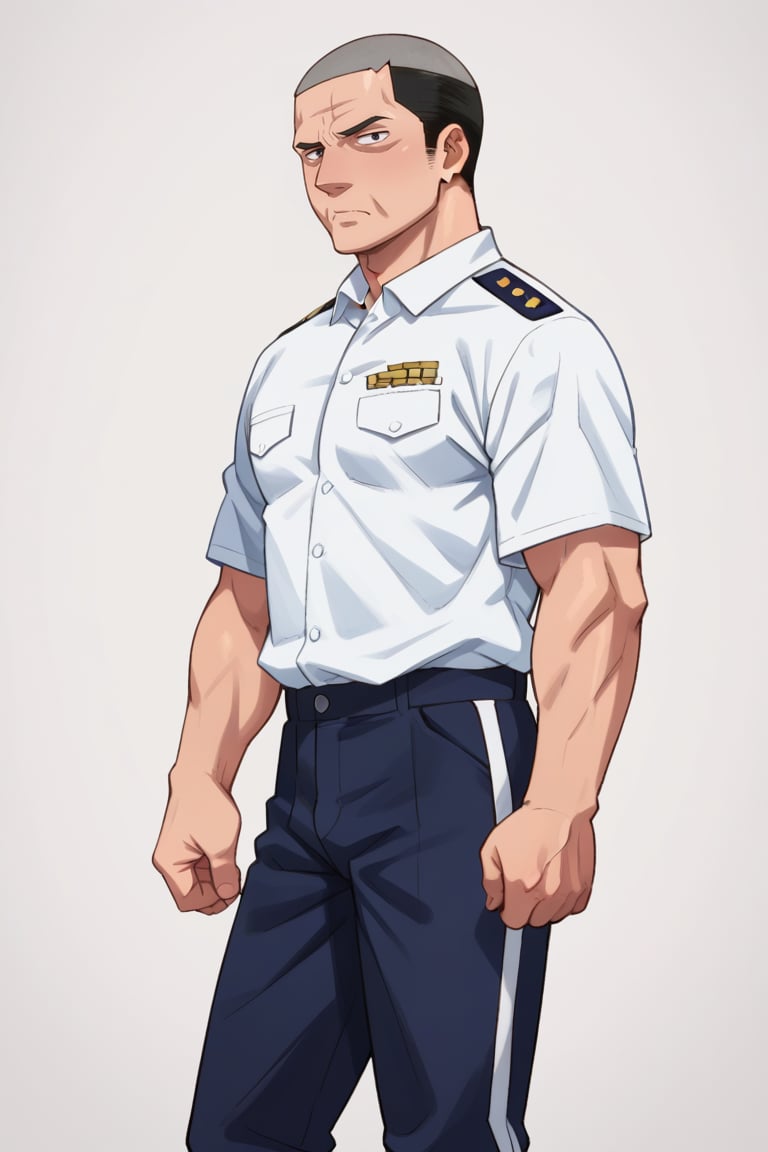 score_9, score_8_up, score_7_up, score_6_up, source_anime, anime coloring, perfect anatomy, perfect proportions, best quality, masterpiece, high-resolution, high quality, aesthetic, absurdres, (male focus), solo male, Yoshiyasu Matsubara, buzz cut, very short hair, two-tone hair, black eyes, sanpaku, JGSDF uniform, white collared shirt, short sleeves, JGSDF Colonel rank slides, JGSDF pants, dark blue pants, two-tone pants, side stripe pants, black shoes, adult, mature, masculine, manly, handsome, charming, alluring, (upper body, feet out of frame, portrait, headshot, close-up ), dark atmosphere, simple background 