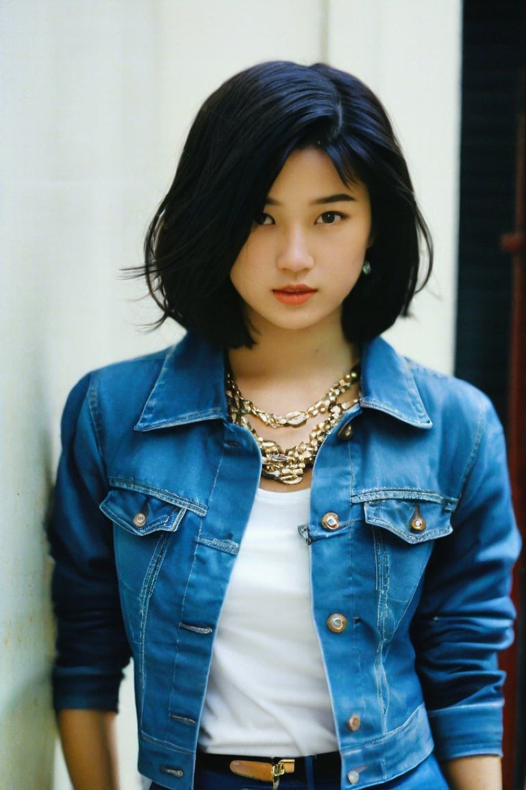 1girl, solo, looking at viewer, short hair, skirt, black hair, jewelry, jacket, earrings, necklace, black eyes, hand on hip, denim, blue jacket, realistic, denim jacket, hongkong 80s