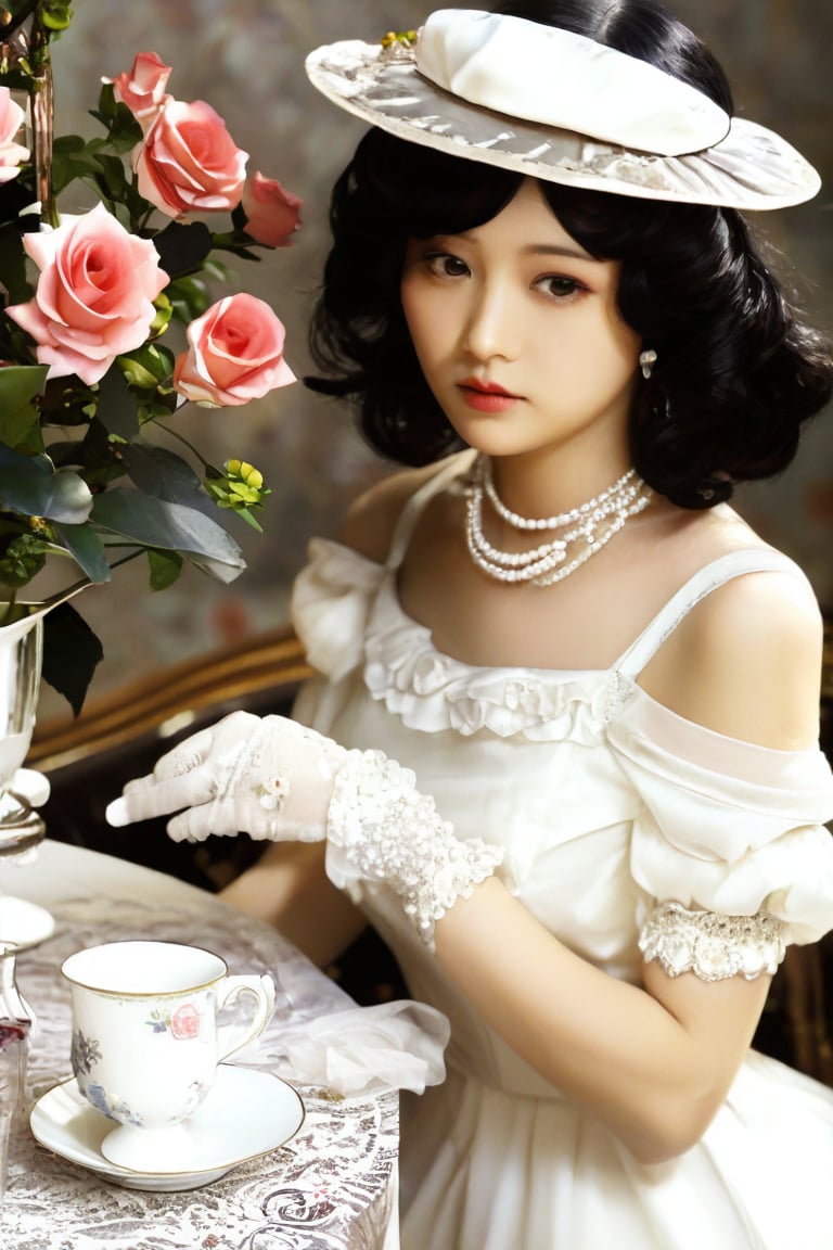 1girl, solo, short hair, black hair, gloves, hat, dress, jewelry, flower, earrings, white gloves, necklace, white dress, cup, rose, table, teacup, realistic, teapot, saucer, vase, pearl necklace