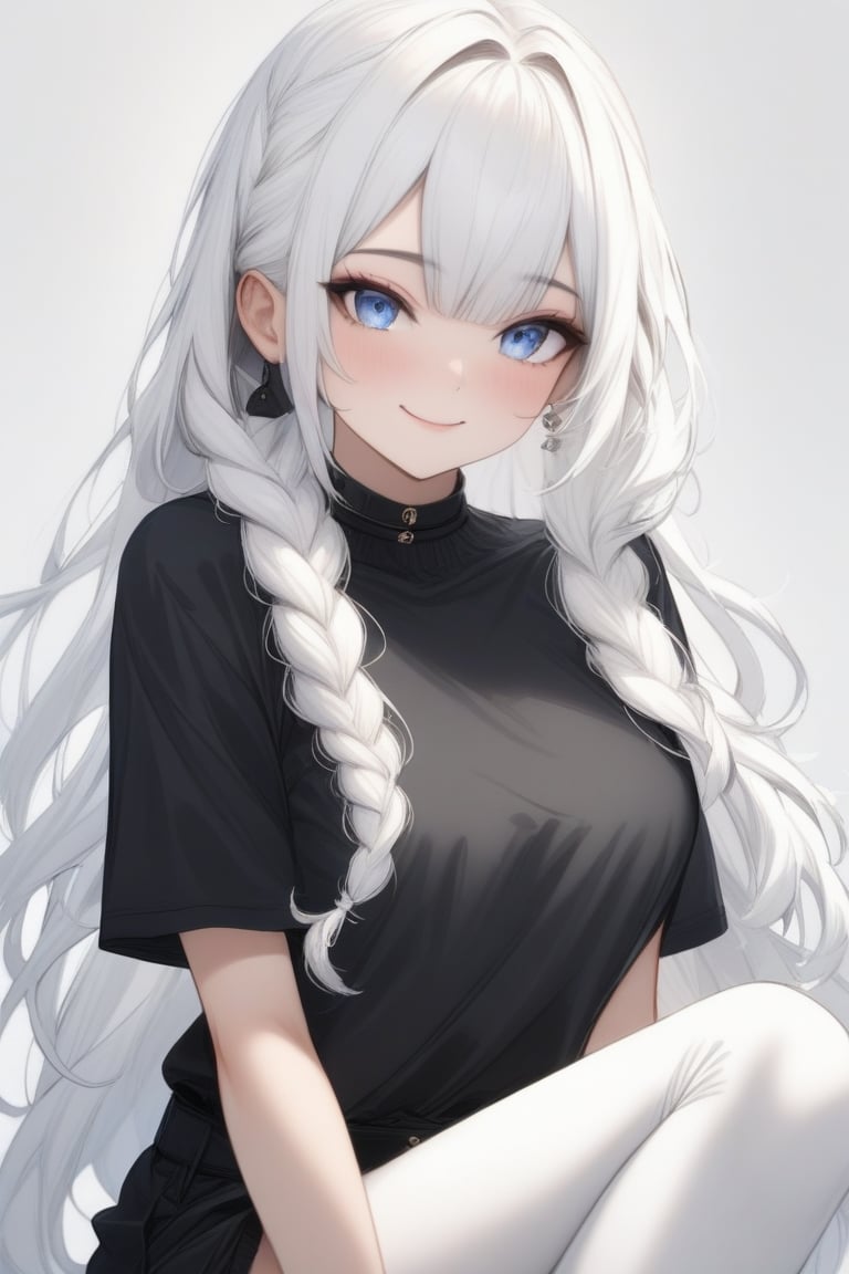 portrait, a girl with long white hair and blue eyes. she has bangs that frames her beautiful face. she wears a black colarless shirt with short sleeves. she also wears a loose white trouser.