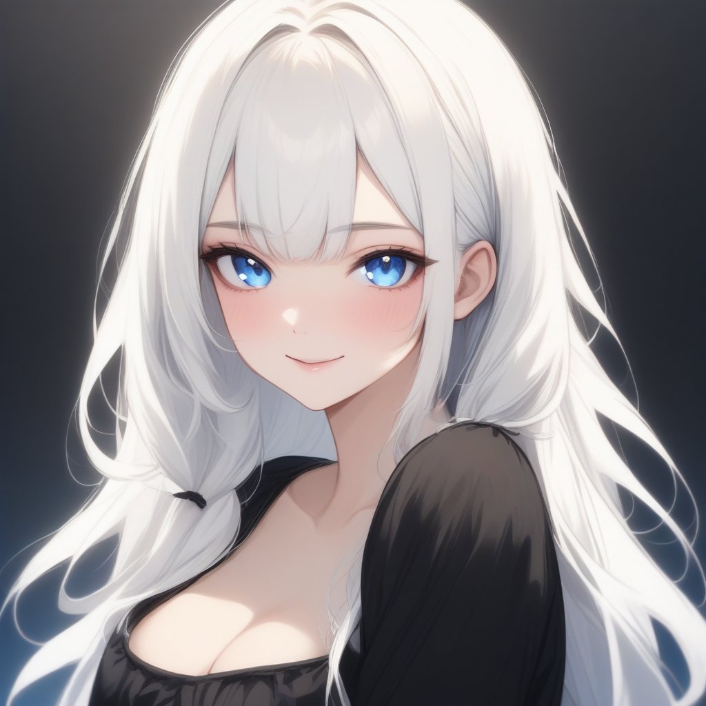 portrait, a girl with long white hair and blue eyes. she has bangs that frames her beautiful face. she wears a black colarless shirt with short sleeves.