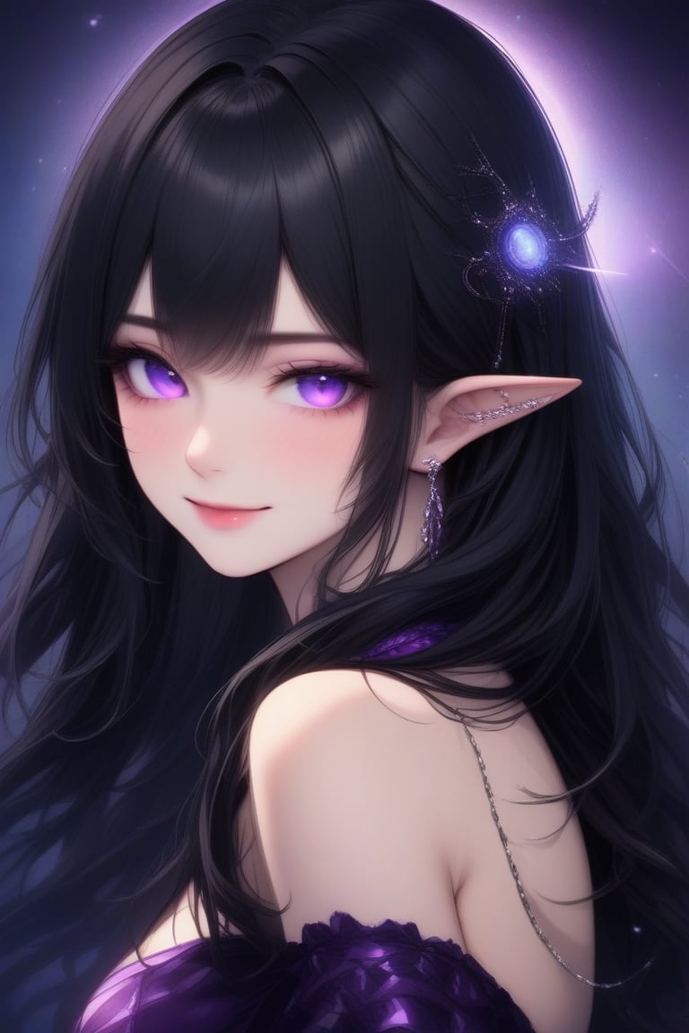 A mesmerizing portrait of a girl with jet-black hair cascading down her back, framing her striking features. Her eyes blaze like rubies, radiating an otherworldly intensity as she gazes directly into the viewer's soul. The masterpiece is set against a subtle, gradient background, allowing her enigmatic presence to take center stage.