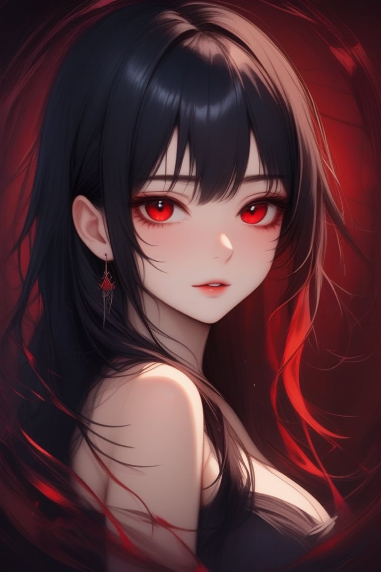 A captivating portrait of a mysterious girl with raven-black hair and piercing red eyes, set against a rich, velvety background. Her enigmatic gaze seems to pierce through the veil of reality, drawing the viewer in. The masterful brushstrokes and bold color palette evoke a sense of drama and intensity, as if this portrait is a masterpiece frozen in time.