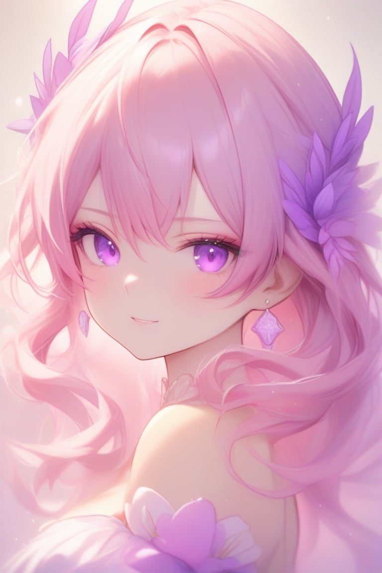 A whimsical portrait of an anime girl with striking features. The framing is tight, focusing on her enchanting face. Soft, pastel pink hair swirls around her like a fiery halo. Her eyes are an otherworldly purple, shimmering like amethyst in the warm light. The background is a blurred wash of cream and lavender, allowing her mesmerizing gaze to take center stage.