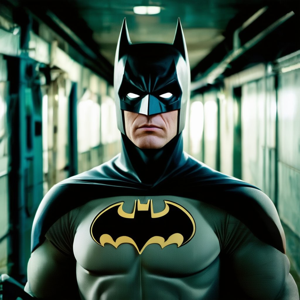 A surreal Technicolor portrait of Batman, his white eyes glowing in a dimly lit corridor reminiscent of 1960s noir. 60s aesthetics, spandex costume, The Dark Knight's iconic suit stands out against the drab, industrial backdrop, exuding an unsettling sense of unease as he surveys his surroundings with an uncanny intensity.