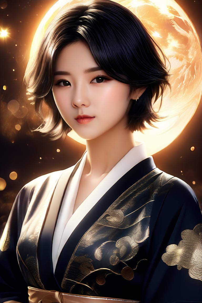 Digital portrait of a noble Japanese woman with short hair, Beautiful face, Intricate, Cinematic, realistic epic, Unreal Engine 5, Gorgeous, Exhilarating color grading, trending on artstationh, Photography, cinema shot,background starry sky,planet earth,suns,themoon,Divine light,The characters exude an air of holiness,offcial art,Extremely detailed,（The upper part of the body、Front lens）, transparent glass texture, Glows in high detail, white backgrounid, industrial design, studio lit, C4D, OC renderer, Clean shadows, 4K
