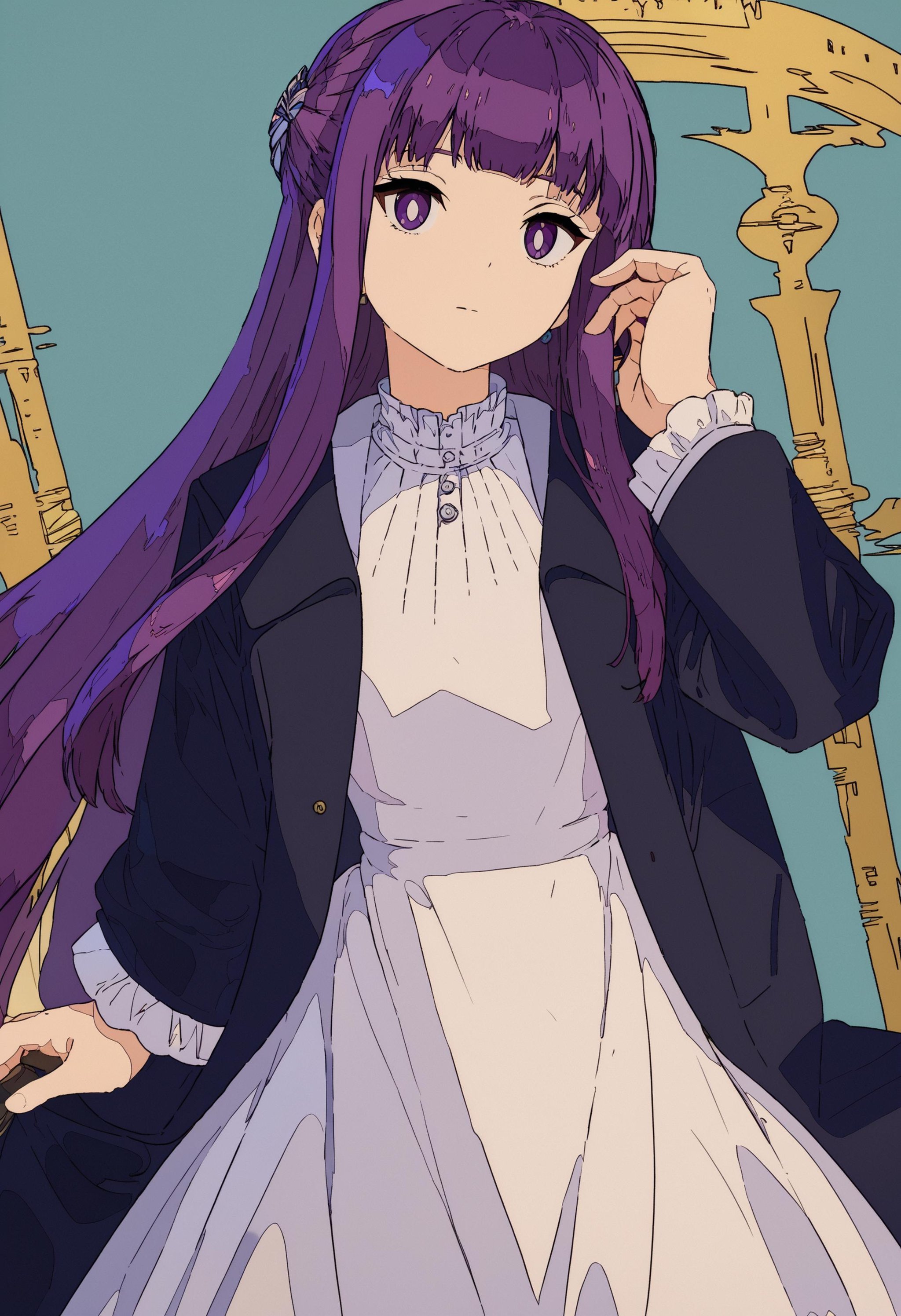 score_9, score_8_up, score_7_up, 1girl, FernBase, purple eyes, purple hair, long hair, half updo, hair ornament, white dress, collared dress, black robe<lora:others_CHAR-FernPonyXL:0.9><lora:style_cogecha_pony_1:1>