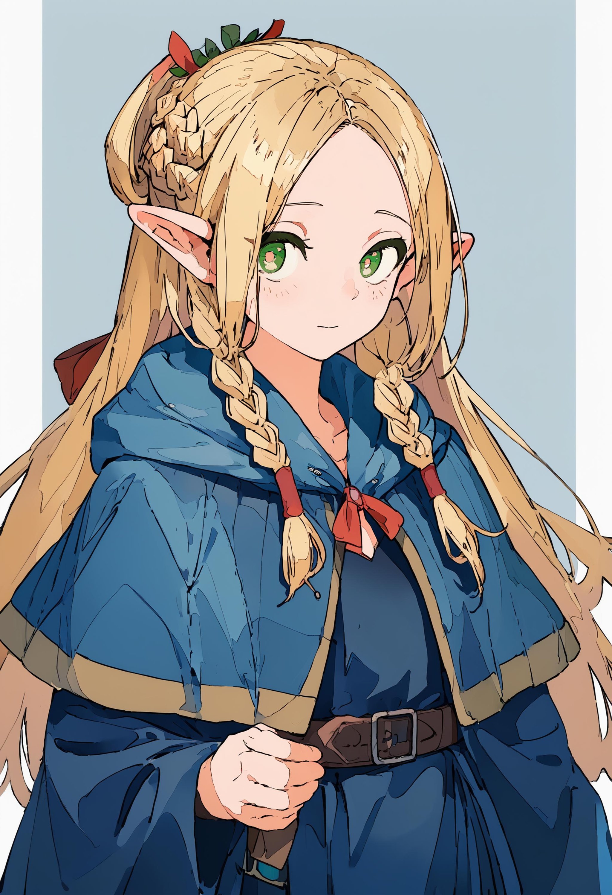 score_9, score_8_up, score_7_up, 1girl marcille, blue capelet blue robe belt, french braid twin braids<lora:style_cogecha_pony_1:1><lora:falin_marcille_pony_d16:1>