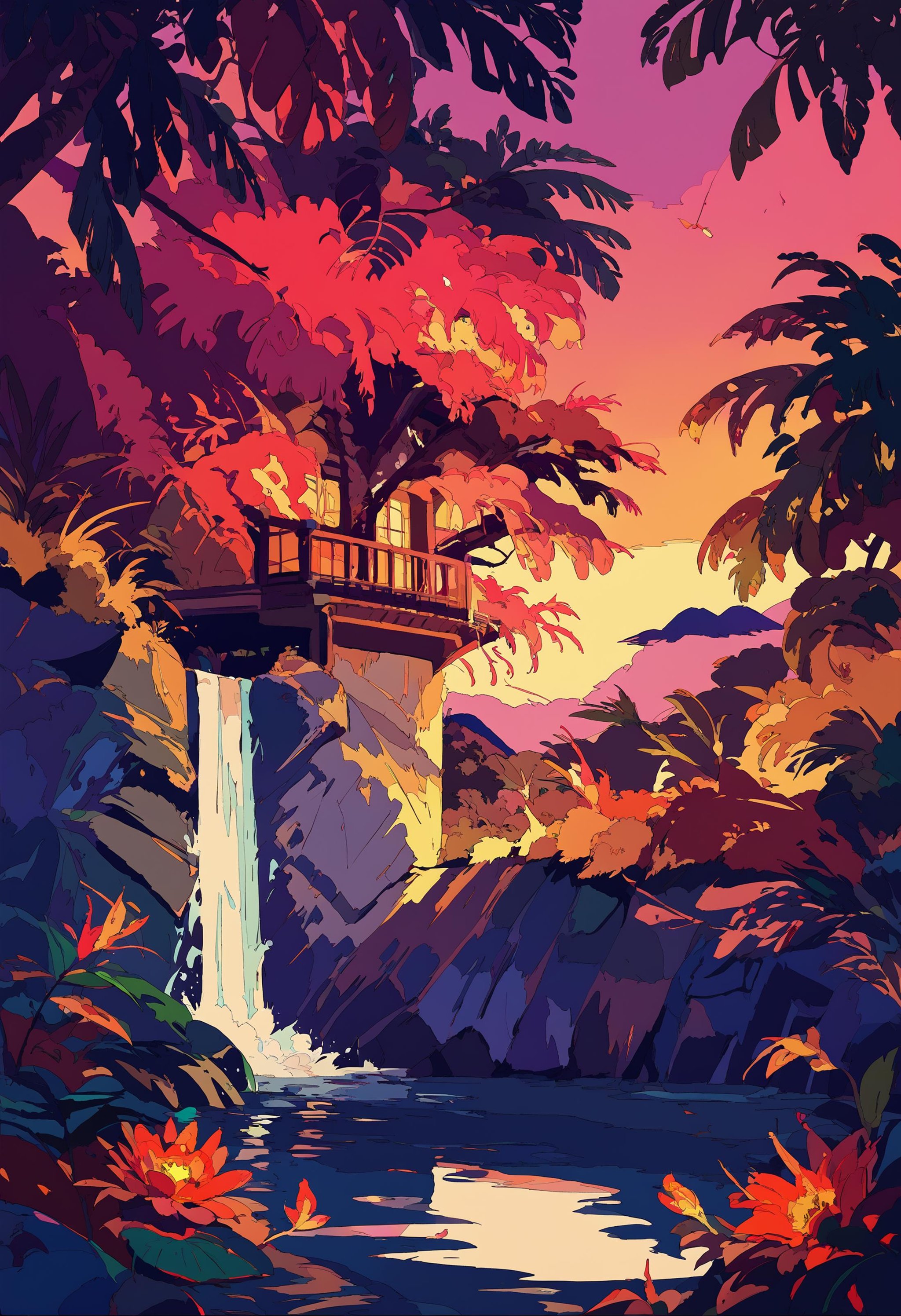 score_9, score_8_up, score_7_up, waterfall, sunset<lora:style_cogecha_pony_1:1>