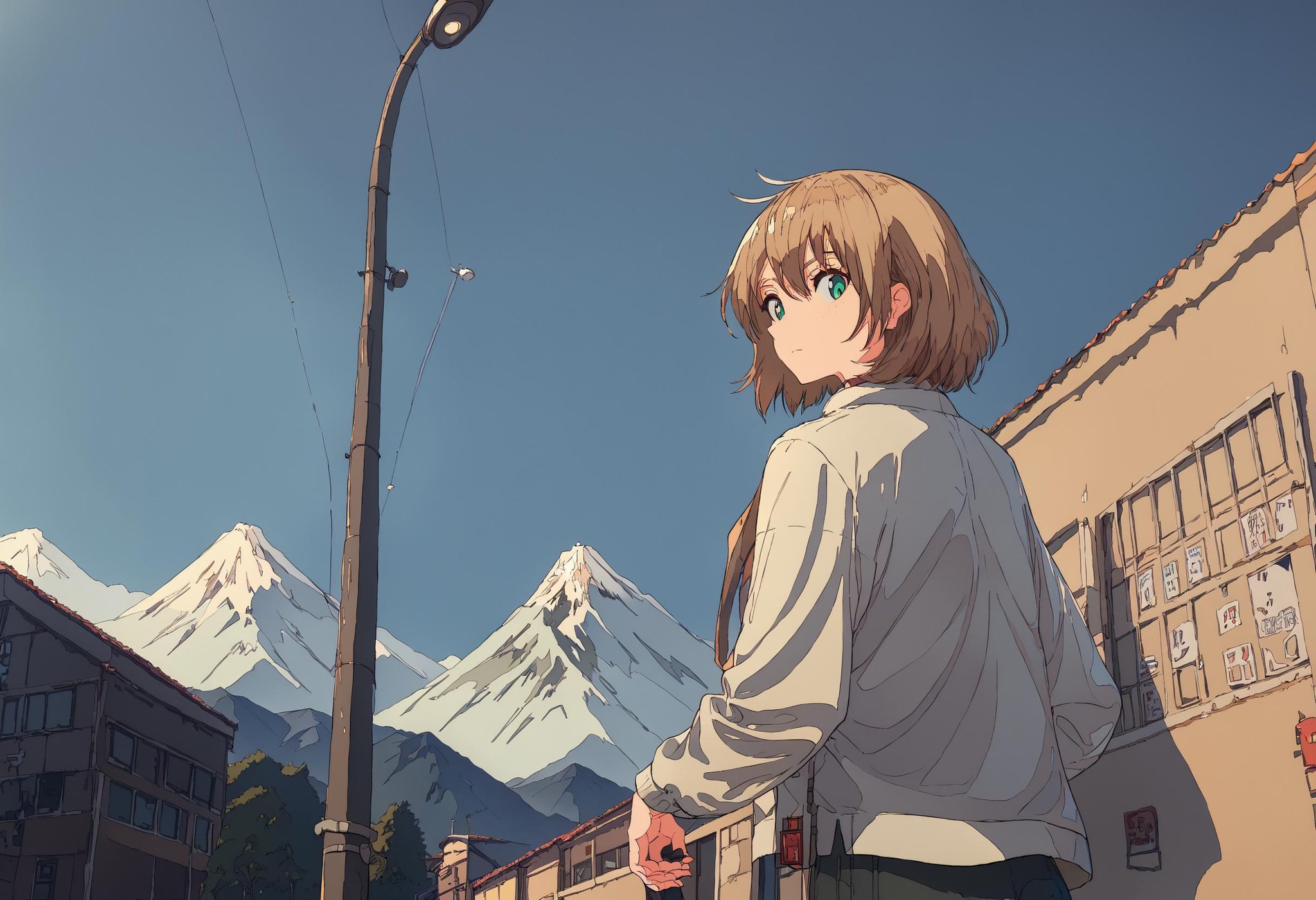 score_9, score_8_up, score_7_up, blue sky, street, perspective, 1girl, looking back, mountain<lora:style_cogecha_pony_1:1>