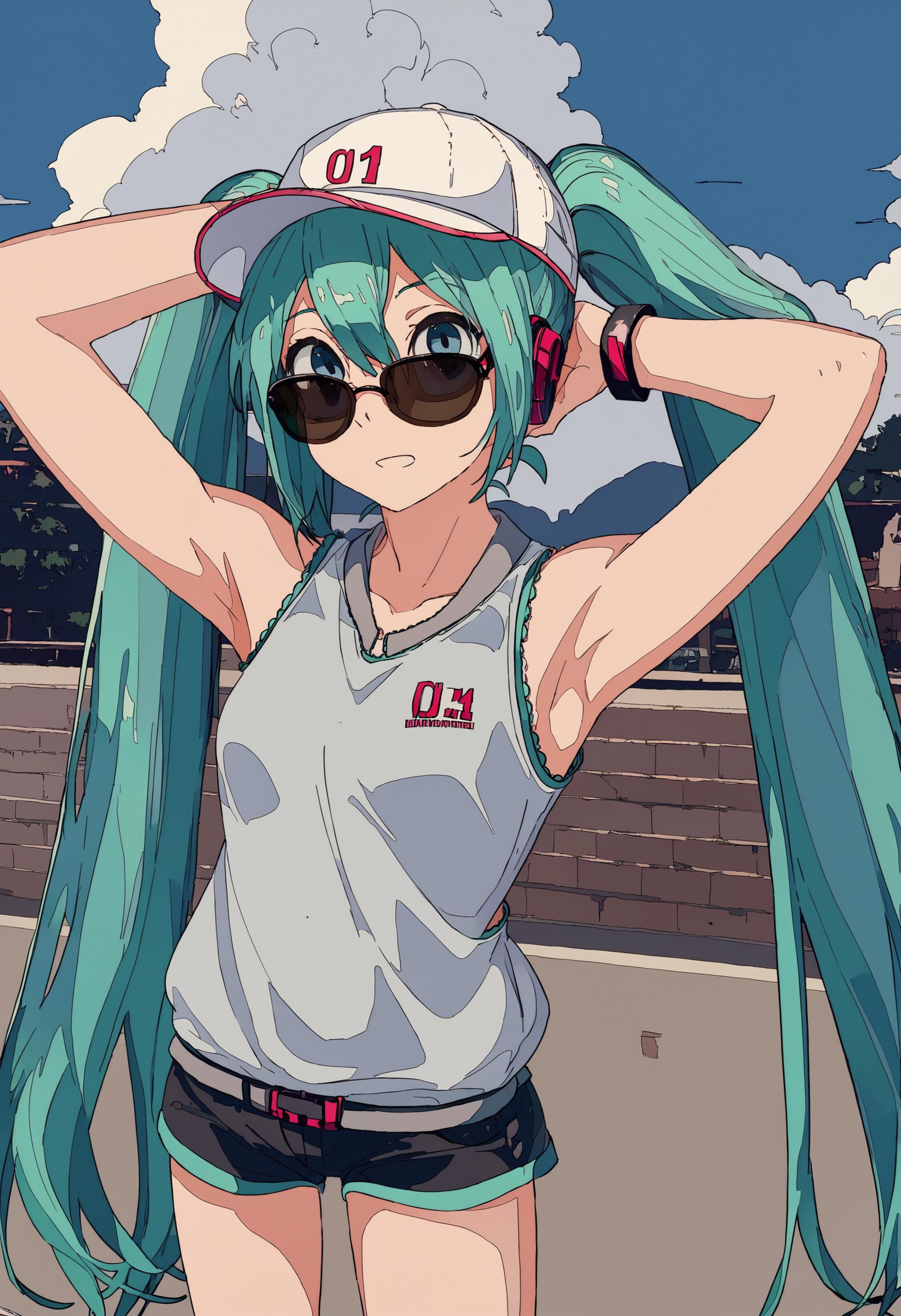 score_9, score_8_up, score_7_up, 1girl, hatsune miku, sunglasses, outdoors, baseball cap, cloudy sky<lora:style_cogecha_pony_1:1>