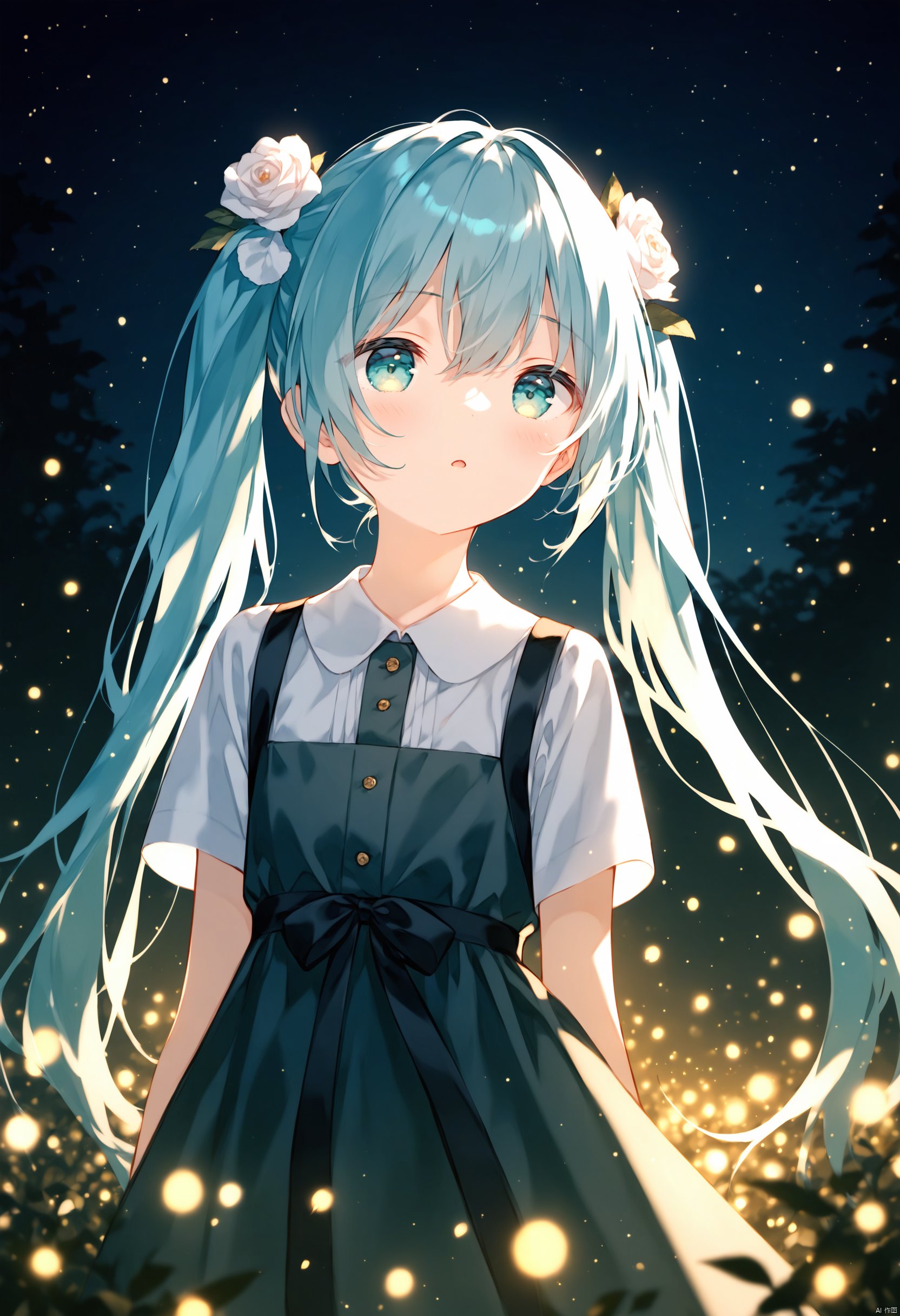 Elite,Artist:hqchr,breathtaking face focus, masterpiece, best quality, 1girl, hatsune miku, white roses, petals, night background, fireflies, light particle, solo, aqua hair with twin tails, aqua eyes, standing, pixiv, depth of field, cinematic composition, best lighting, looking up . award-winning, professional, highly detailed