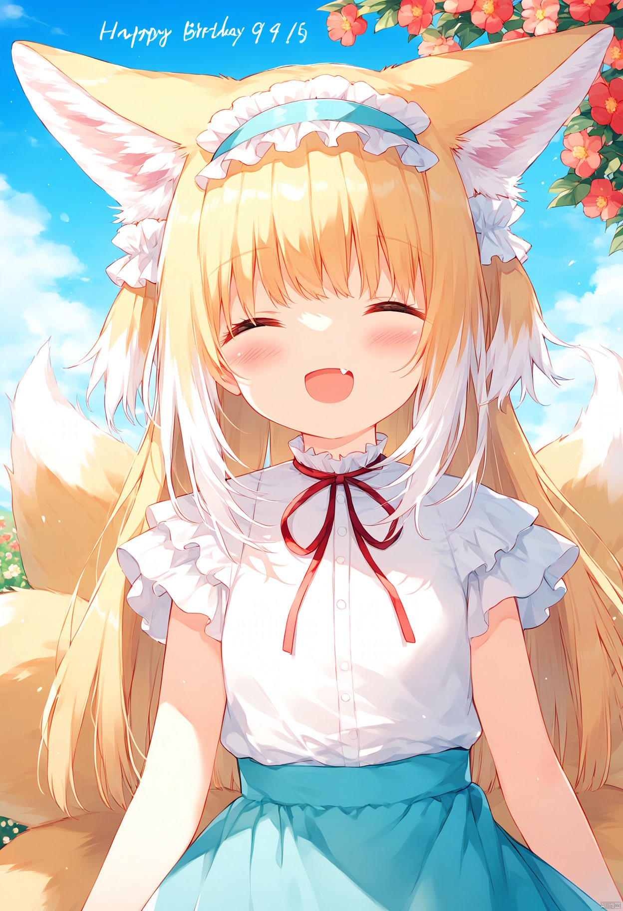 1girl, solo, long hair, blush, smile, open mouth, bangs, blonde hair, shirt, ribbon, animal ears, tail, closed eyes, white shirt, upper body, flower, white hair, :d, multicolored hair, hairband, outdoors, frills, sky, day, fang, dated, red ribbon, animal ear fluff, fox ears, neck ribbon, ^ ^, fox tail, red flower, fox girl, happy birthday, blue hairband, frilled hairband, kitsune, suzuran \(arknights\)