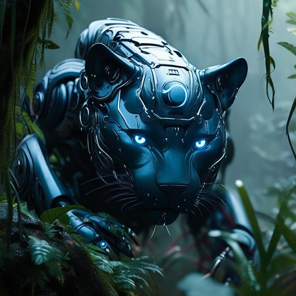 A futuristic cybernetic panther with sleek, metallic fur blends into the dense underbrush of a misty jungle. The air is thick with humidity as the mechanical predator's piercing gaze scans the surroundings, its glowing blue eyes adjusting to the dim light. Vines and creepers wrap around its cybernetic limbs, camouflaging it further.