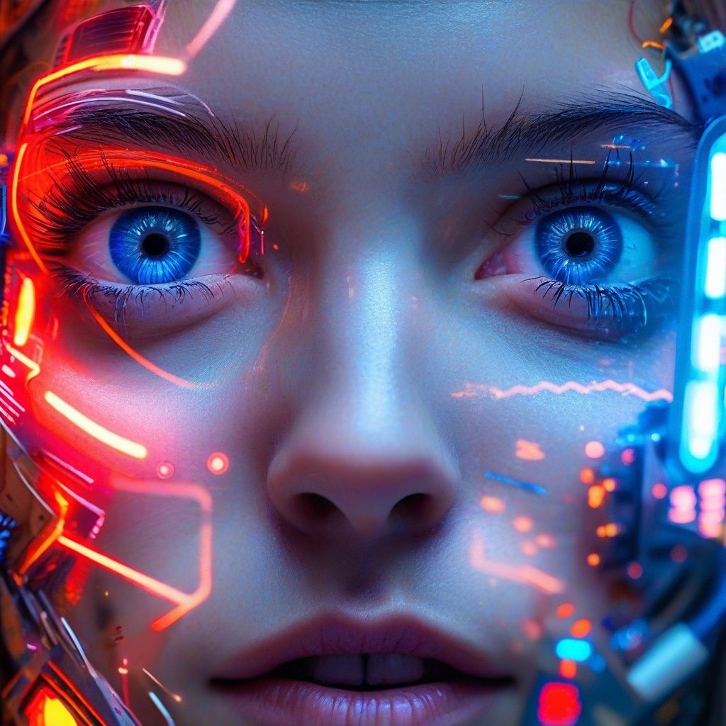 A futuristic portrait: A human face with cybernetic enhancements, centered in the frame, dominates the composition. The eye, with a prominent blue iris and long eyelashes, takes center stage amidst a tapestry of circuitry and LED lights in shades of red and blue. These electronic elements swirl around the biological form like a technological aura. The blurred background serves as a subtle reminder of the subject's integration into this futuristic world.