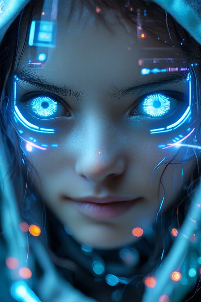 Portrait of beautiful cybernetic hacker lit by the soft glow of holographic interfaces and the eerie blue light of cybernetic enhancements. The subject's cybernetic eye, a gleaming silver orb with tiny LED lights tracing circuitry patterns, dominates the frame. Holographic streams of data swirl around their head like ethereal tentacles, casting a subtle sheen on their synthetic skin. The hacker's gaze is intent, eyes fixed on the virtual battlefield as they navigate the digital realm.