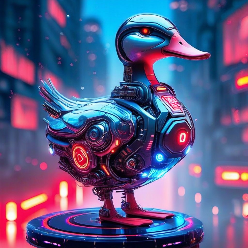 A futuristic scene: a cybernetic duck, its feathers replaced by metallic plating, perches on a sleek, neon-lit platform. Its beak glows bright red as it fixes its gaze forward, laser eyes emitting piercing beams that slice through the darkened cityscape. The air is electric with blue-tinged energy pulses.