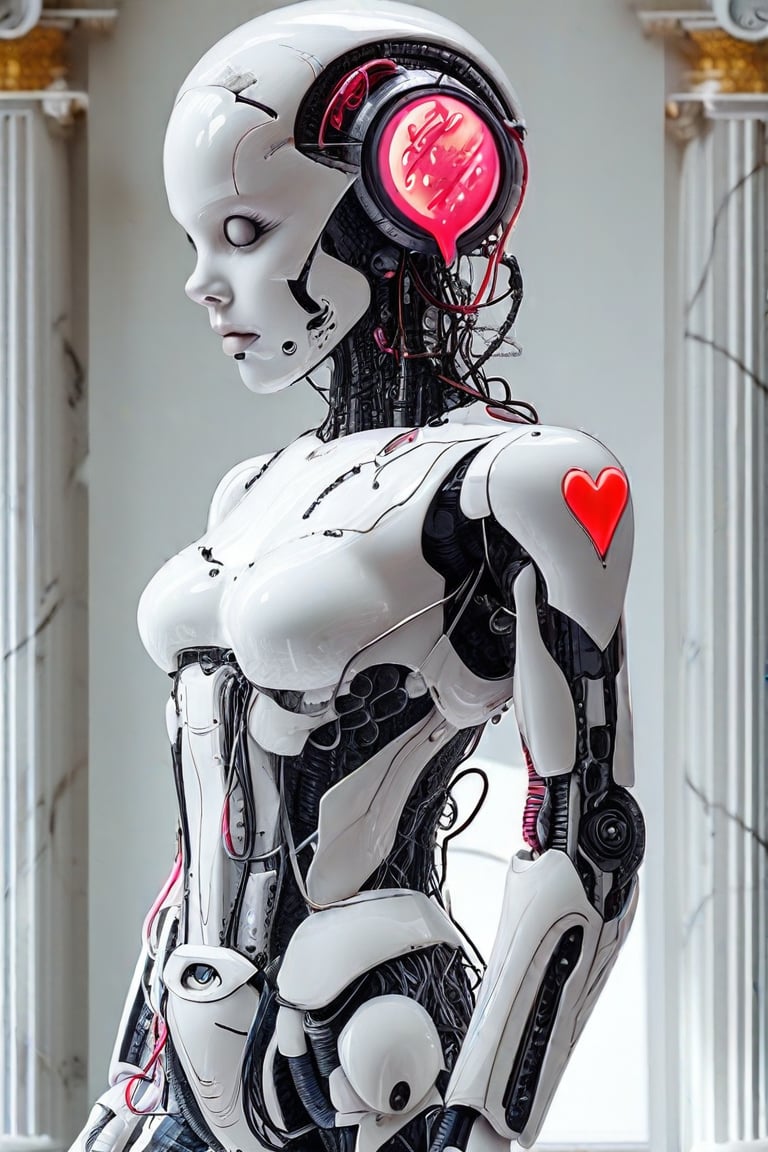 A full-body photo of a super realistic cybernetic fashion cyborg woman, standing confidently in front of a pristine white marble bust with intricate carvings reminiscent of Michelangelo's masterpieces. The cyborg's head features an electronic system with visible cables and wires, topped with a pink brain and red heart muscles. Her porcelain-like skin glows with smooth hyperrealism, accentuating the sharp focus on her cybernetic features. The biopunk-inspired design juxtaposes organic and synthetic elements, exuding a sense of futuristic elegance against the timeless classic backdrop of the marble bust.