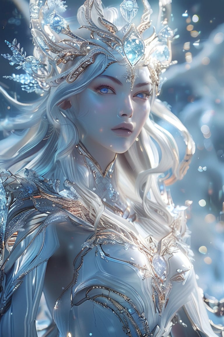 A majestic Ice Goddess stands tall amidst a snow-covered wonderland, her piercing eyes shining like stars against the soft, swirling flakes. Iridescent crystals dance around her, as she gazes upward with a mesmerized expression. Her realistic face, adorned with intricate metallic details.