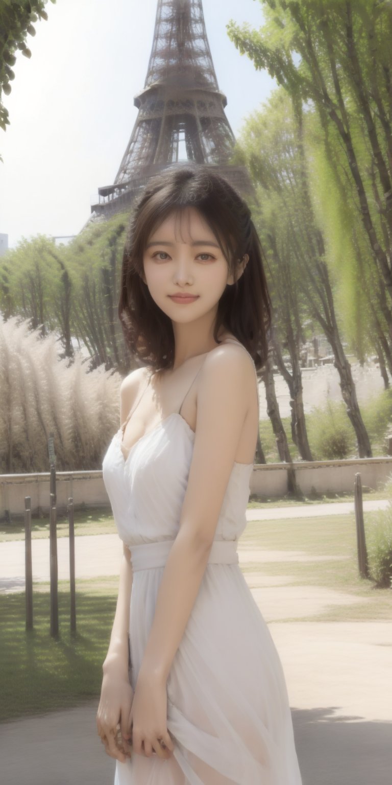 masterpiece,  4k resolution, (1 girl),Surrealistic digital painting of a young woman with fair skin,  invoking a sense of serenity and tranquility, painterly strokes result in.This soft-focus portrait depicts a young woman with fair skin, curly brown hair with bangs, 
wearing a beautiful dress.
A girl with a beaming, radiant smile is standing in front of the Eiffel Tower on a Parisian plaza, with the majestic Eiffel Tower prominently in view. According to