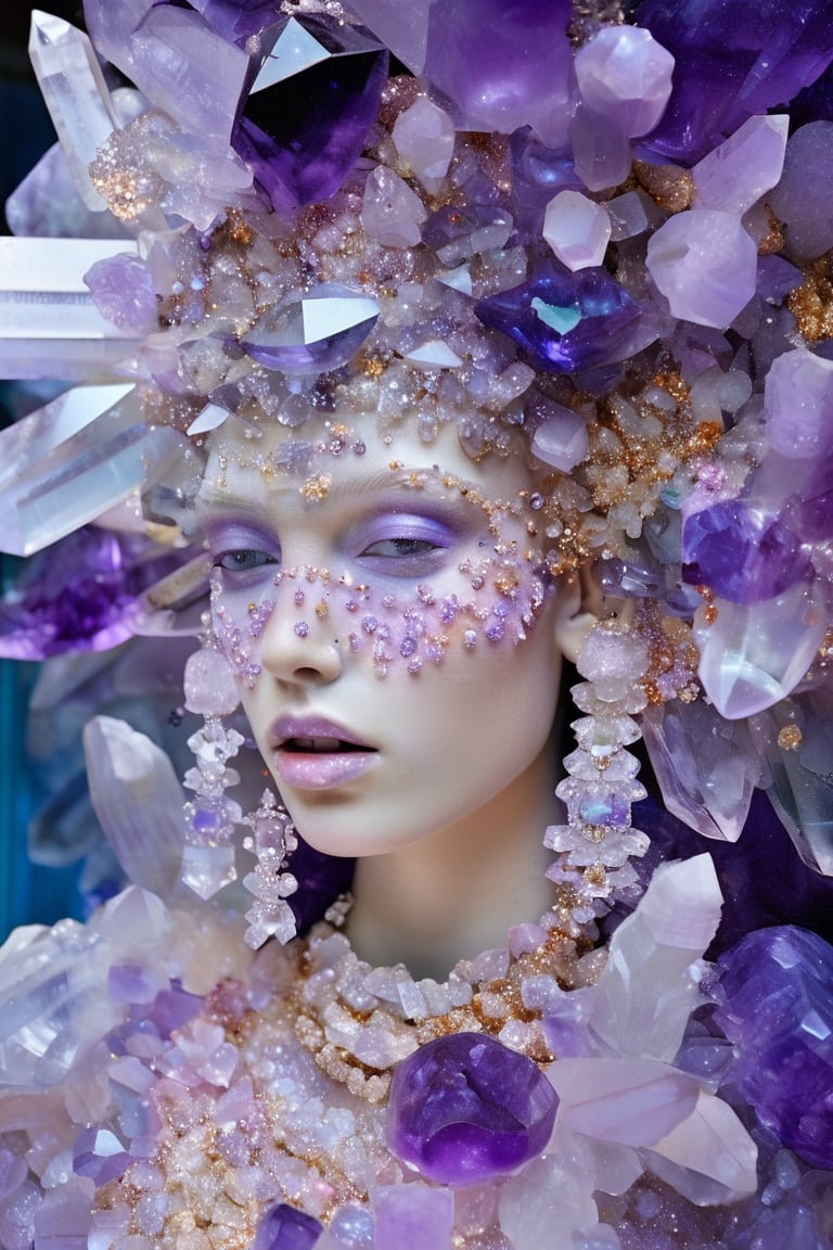 beautiful woman made of clear quartz crystal surrounded by amethyst and tiny diamonds, iridescent pastel colours in the style of baroque-inspired sculptures, Taylor Wessing, Vik Muniz, organic surrealism, Petrina Hicks, close up shot, collaborations and collectives,Amethyst Face