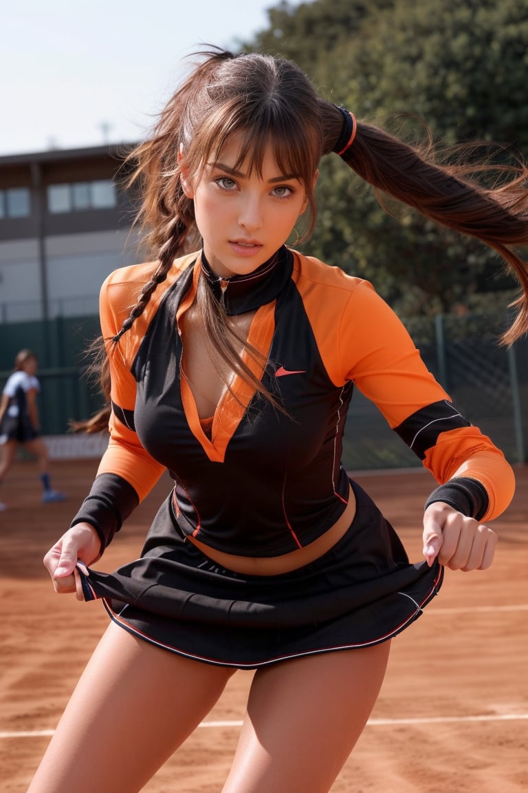 In a breathtaking 8k UHD composition, a stunning dark elf maiden, characterized by long grey hair tied in a ponytail, piercing orange eyes, and striking pointy ears, donning a sleek tennis uniform, stands firm on the Olympic red clay court. Her bangs framing her determined face, which exudes intense concentration as she serves the ball with precision.