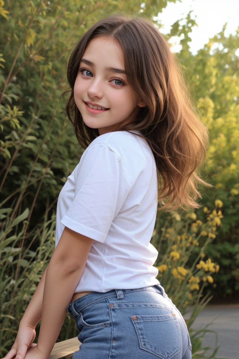 A happy tween girl who poses from the side in warm sunlight. 