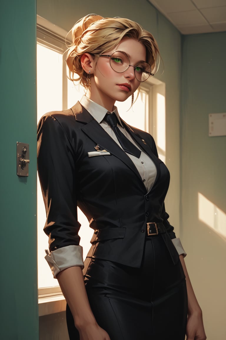 score_9, score_8_up, score_7_up, score_6_up, score_5_up, score_4_up,  1 girl, blonde hair, short hair, updo hair, black business suit, round eyewear, glasses, meeting room, green eyes, black skirt, zettai ryouik  , concept art, realistic, , expressiveH , 1990s \(style\), vintage 