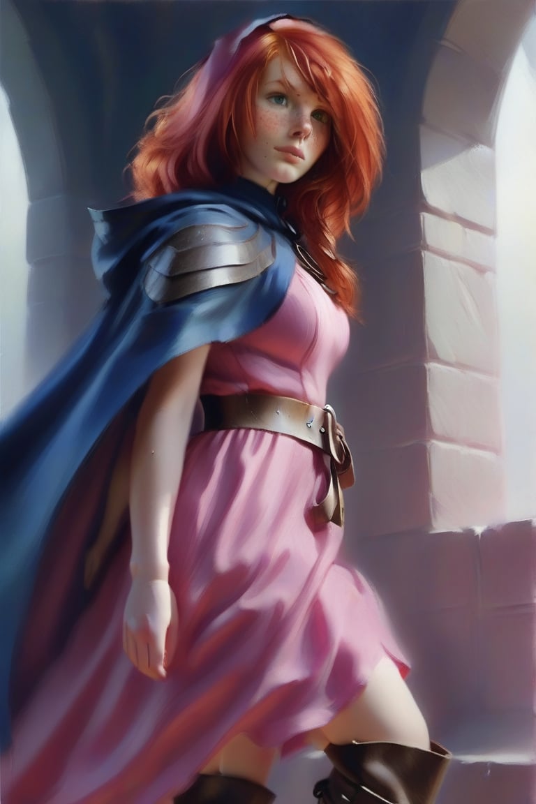 Sheila,Red hair,Freckles,pink dress,sash,high leather boots,dark blue cape,Hood