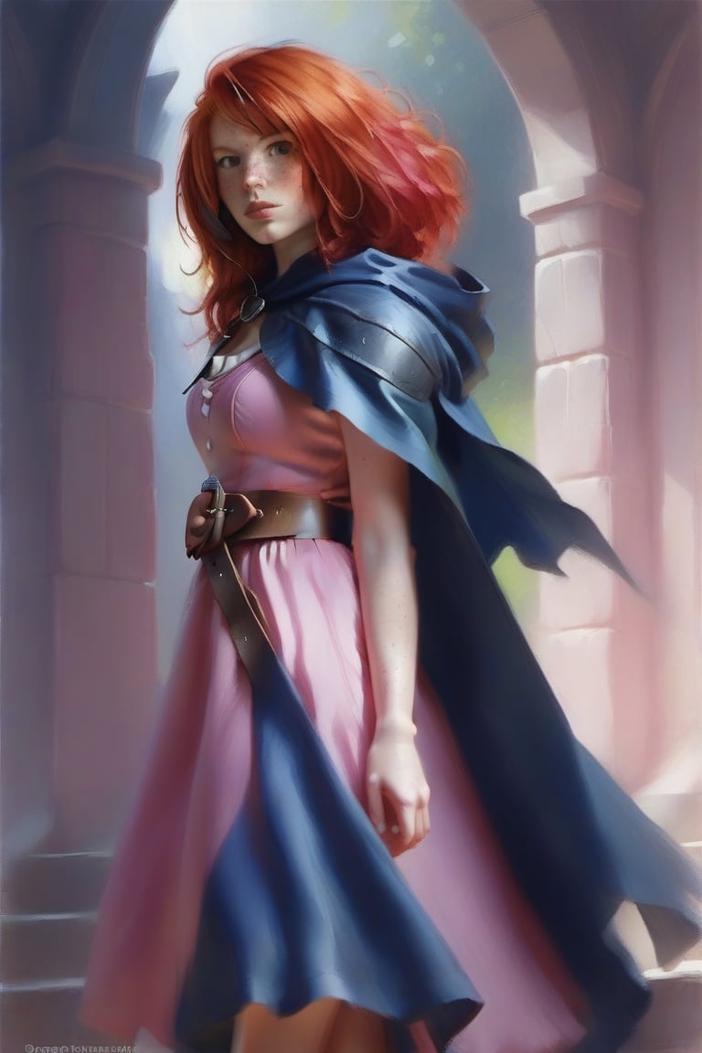 Sheila,Red hair,Freckles,pink dress,sash,high leather boots,dark blue cape,Hood