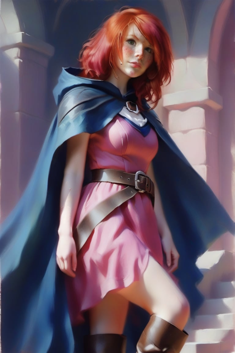 Sheila,Red hair,Freckles,pink dress,sash,high leather boots,dark blue cape,Hood