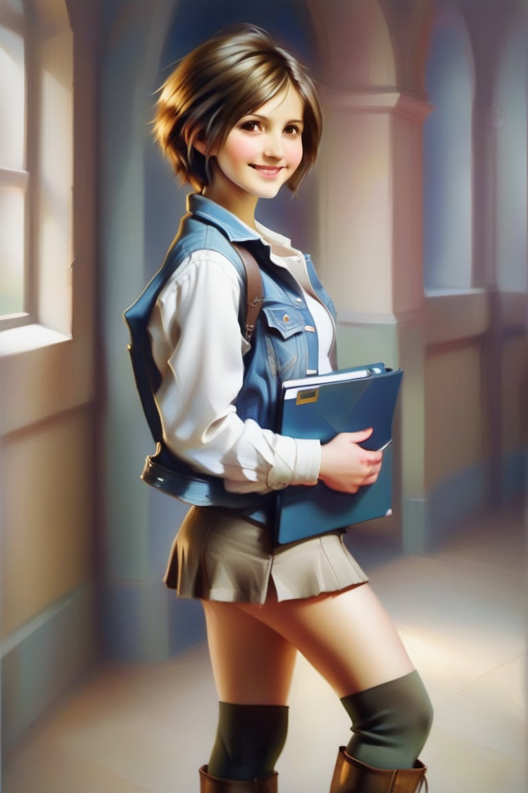 1 girl standing, university corridor, looking back, short brown hair,white shirt,denim jacket,miniskirt,low military boots,stockings to the knee,folder in hand, blushing, smile