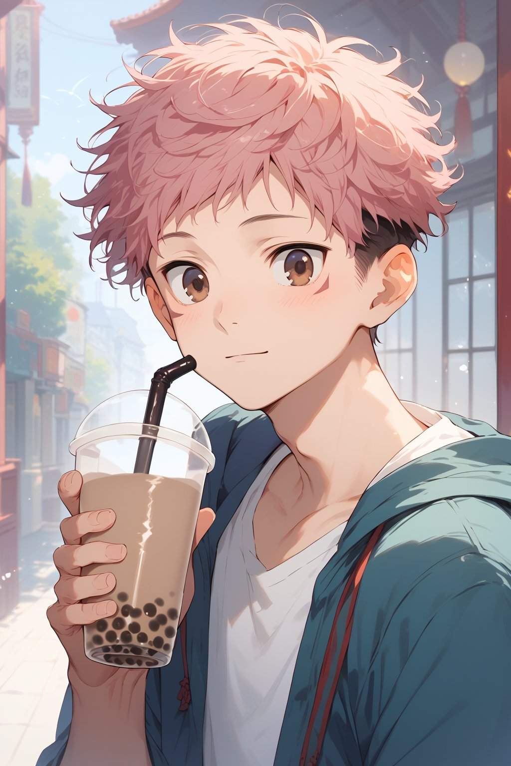 Score_9,score_8_up,score_7_up,Highly detailed, masterpiece, high quality, beautiful, high resolution, good details,1boy,solo,male focus,jjk,yuji itadori,pink hair,short hair,brown eyes,facial mark, bubble tea 